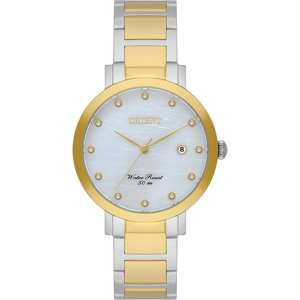 Relógio Orient Feminino Bicolor Dourado e Prateado Minimalista Visor Madrepérola com Cristais e Calendário Maquinário Japonês Aço Inoxidável Á Prova d'água FTSS1164 