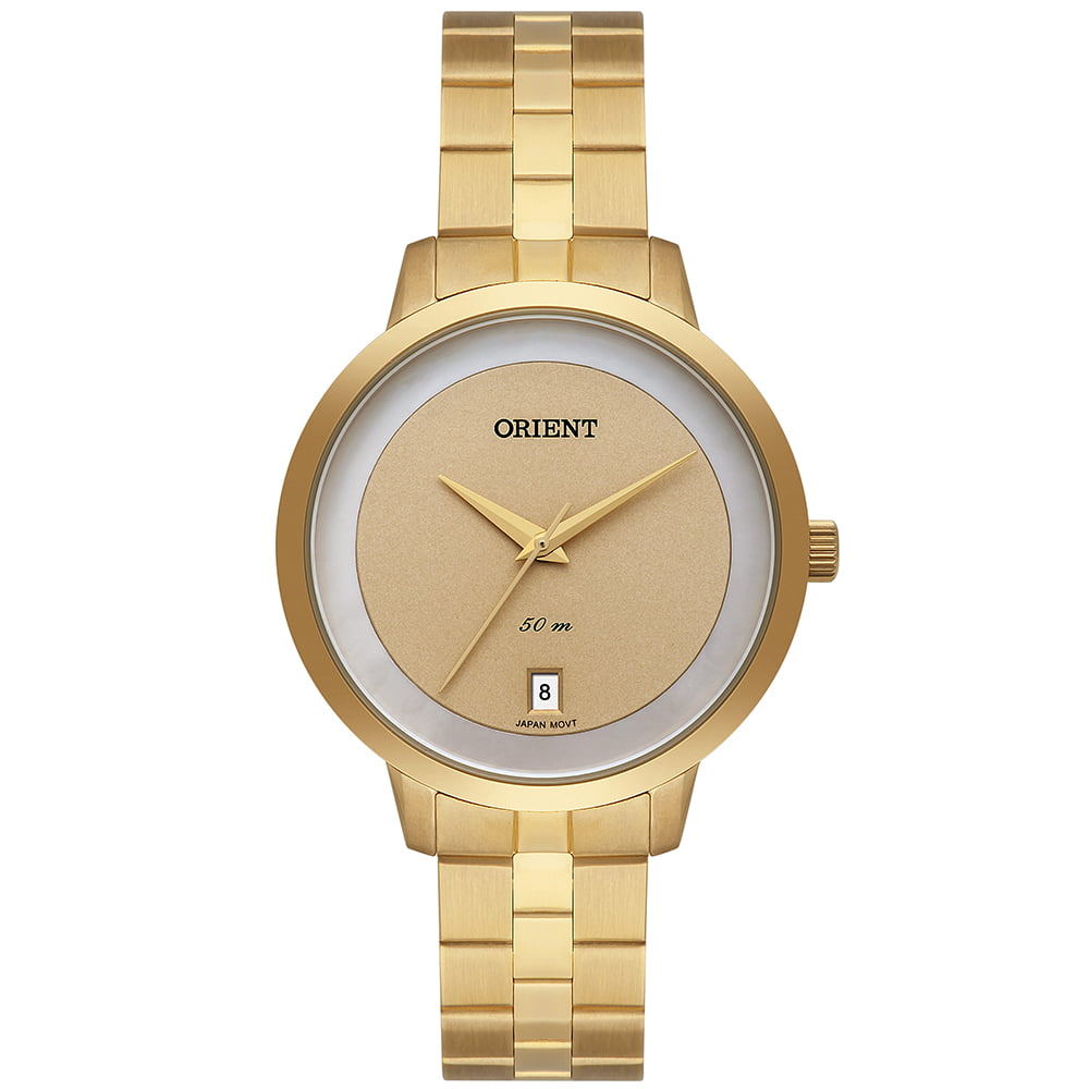 Relógio Orient Feminino Dourado Minimalista com Calendário e Maquinário Japonês Aço Inoxidavel Á Prova d'água FGSS1219 