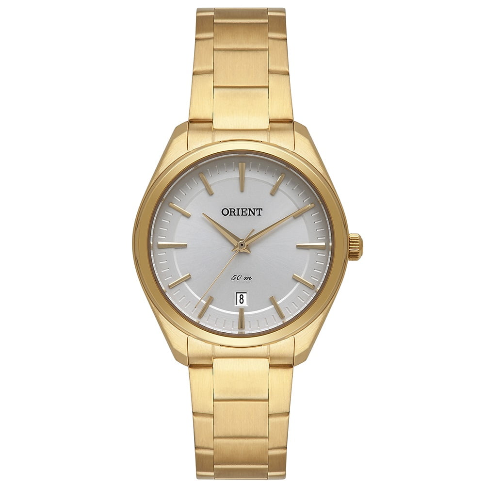 Relógio Orient Feminino Dourado Minimalista com Calendário e Visor Prateado Aço Inoxidável Á Prova d'água FGSS1217