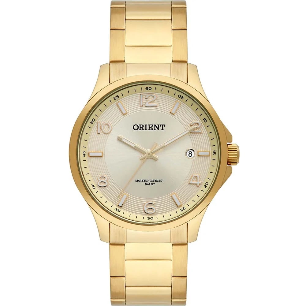 Relógio Orient Feminino Dourado Visor Texturizado com Calendário Aço Inoxidável Maquinário Japonês Á Prova d'água FGSS1168 