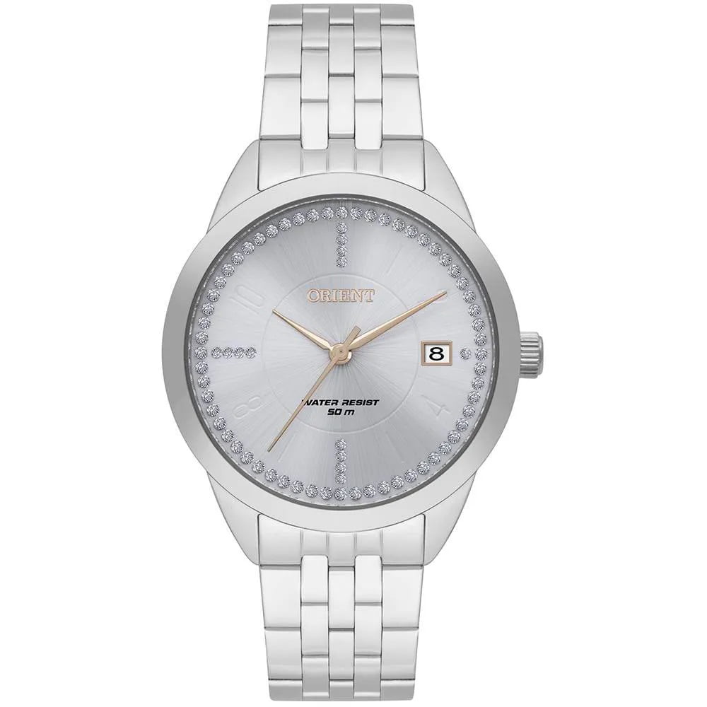 Relógio Orient Feminino Prata com Cristais e Calendário Maquinário Japonês Aço Inoxidável Á prova d água FBSS1200