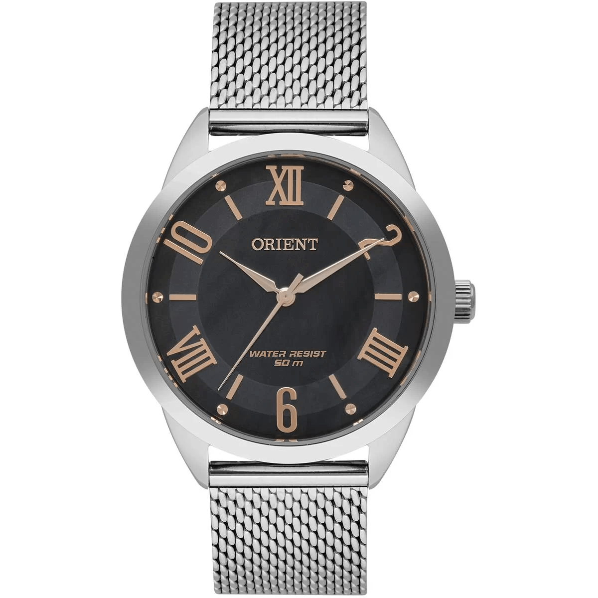 Relógio Orient Feminino Prateado Visor Madrepérola Preto com Algarismo Romanos e Cristais Pulseira Milanesa Maquinário Japonês Aço Inoxidável Á Prova d'água FBSS0121