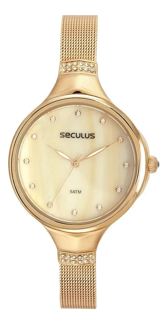 Relógio Seculus Feminino Dourado Minimalista Visor Creme Madrepérola Com Cristais e Pulseira Milanesa Á Prova D'água 77174LPSVDS2