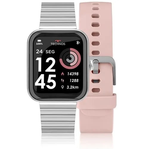 Relógio Smartwatch Technos Connect Max Feminino Prateado Quadrado Troca de Pulseira Inteligente Á Prova D'água TMAXAK/7K