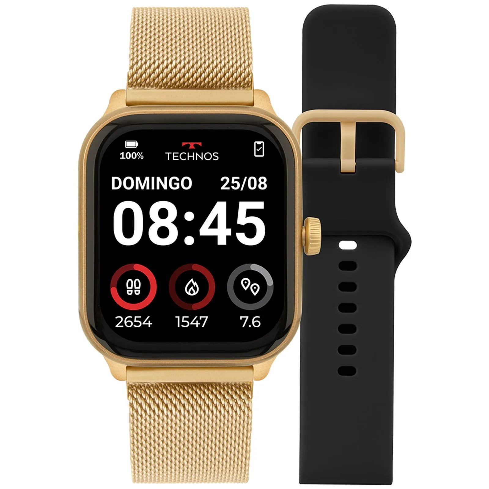 Relógio Smartwatch Technos Connect Max Pro Digital Dourado Quadrado Troca de Pulseira Inteligente Aço Inoxidável á Prova D'água TMAXPAD/8D
