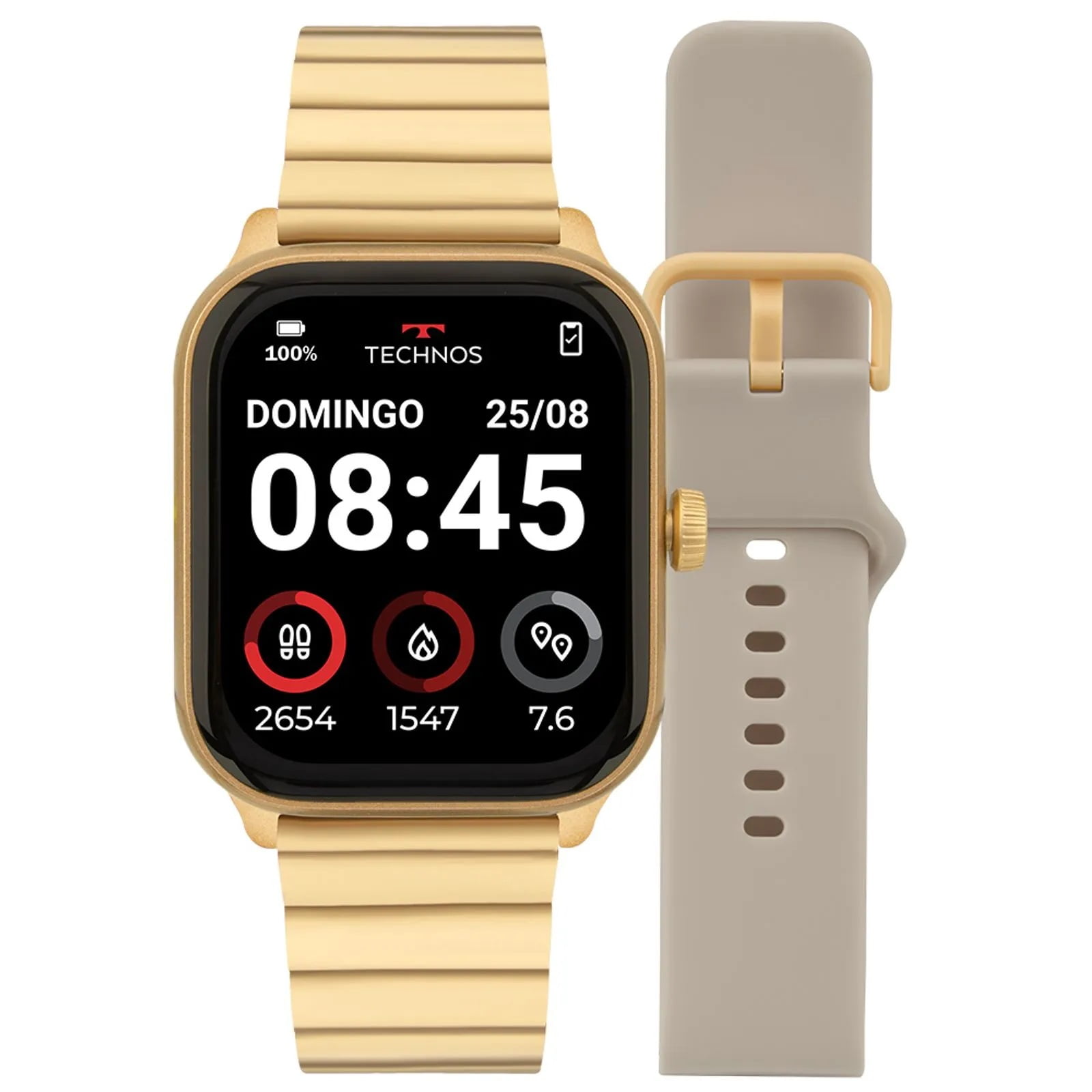 Relógio Smartwatch Technos Connect Max Pro Digital Dourado Quadrado Troca de Pulseira Inteligente Aço Inoxidável á Prova D'água TMAXPAD/9D