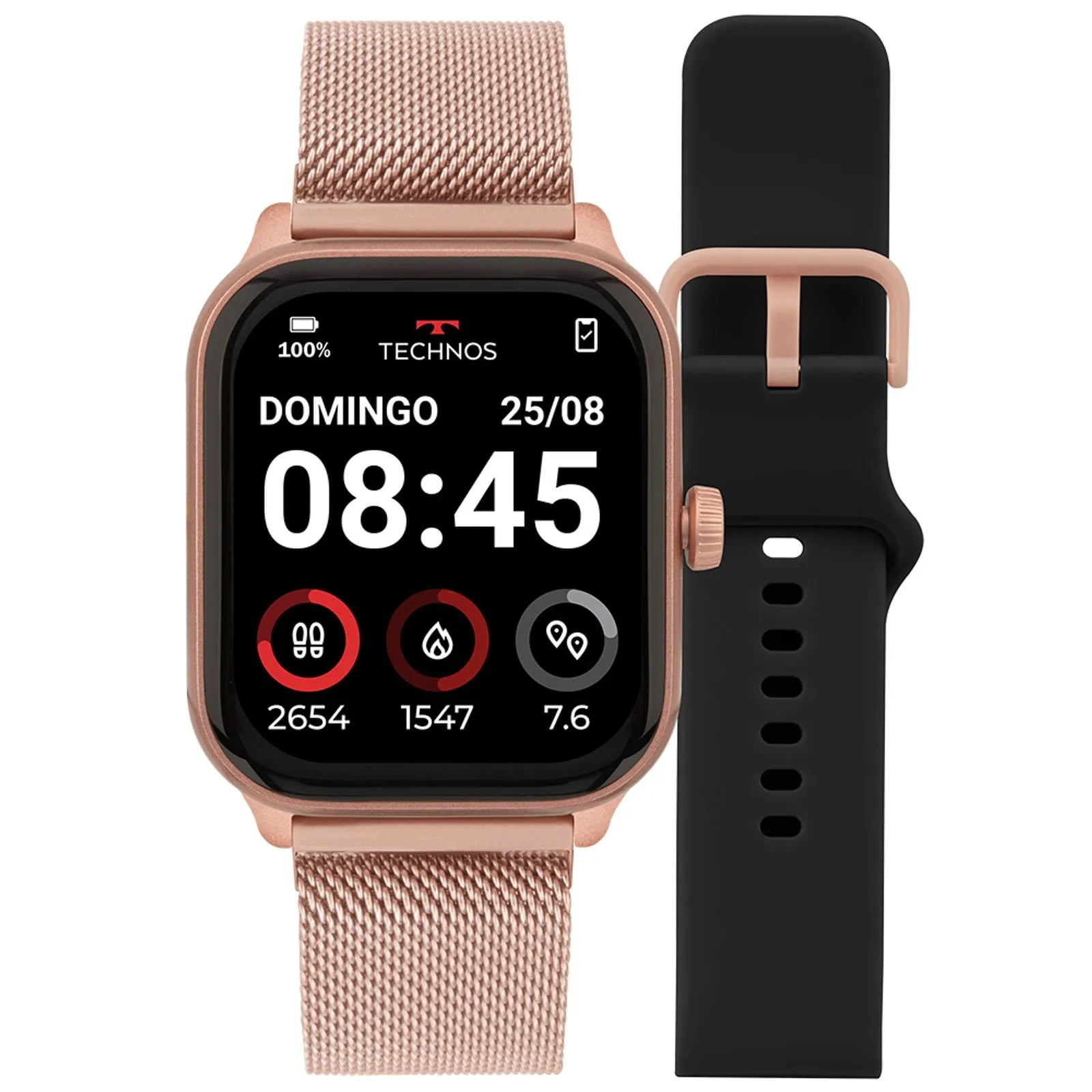Relógio Smartwatch Technos Connect Max Pro Digital Rosé Quadrado Troca de Pulseira Inteligente Aço Inoxidável á Prova D'água TMAXPAC/8J