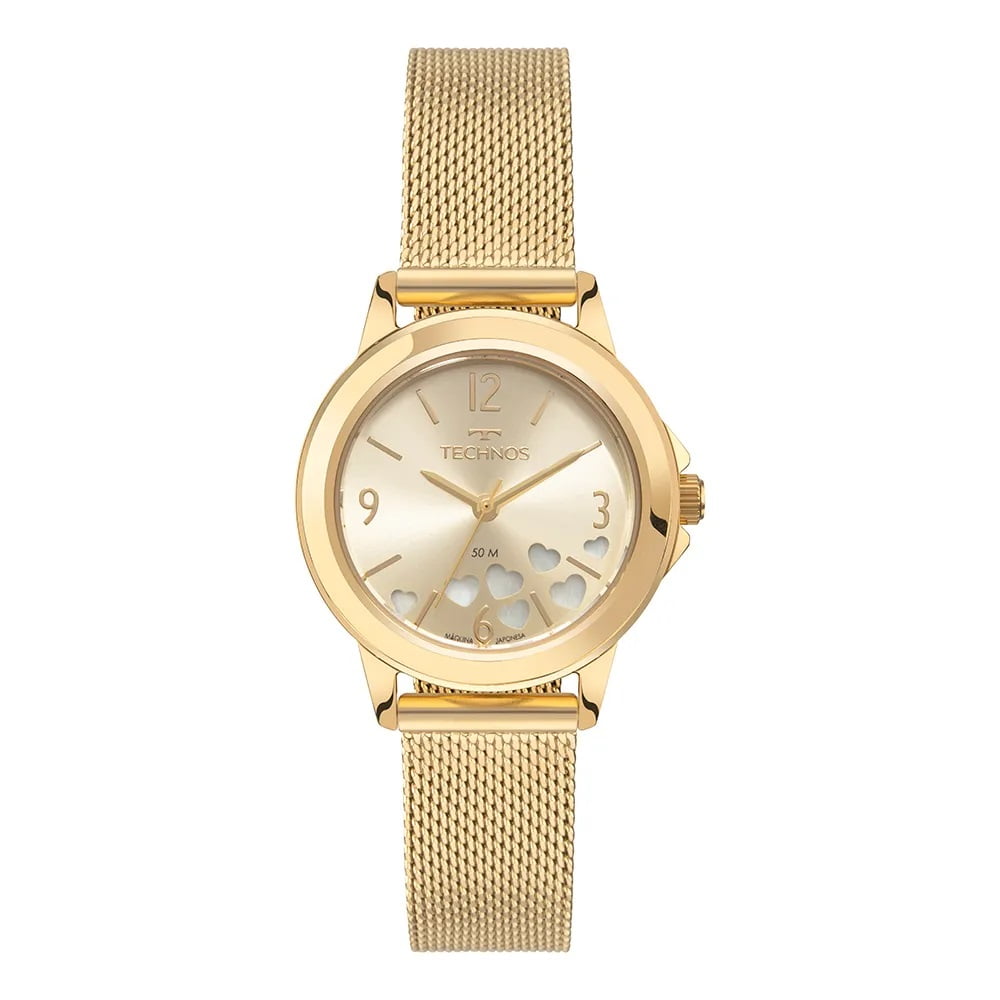 Relógio Technos Dourado Feminino Mostrador Champanhe com Corações Pulseira Milanesa Aço Inoxidável á Prova D'água 2036NBH/1X