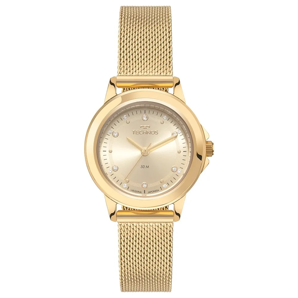 Relógio Technos Dourado Feminino Mostrador Champanhe com Cristais Pulseira Milanesa Aço Inoxidável á Prova D'água 2036NBB/1X