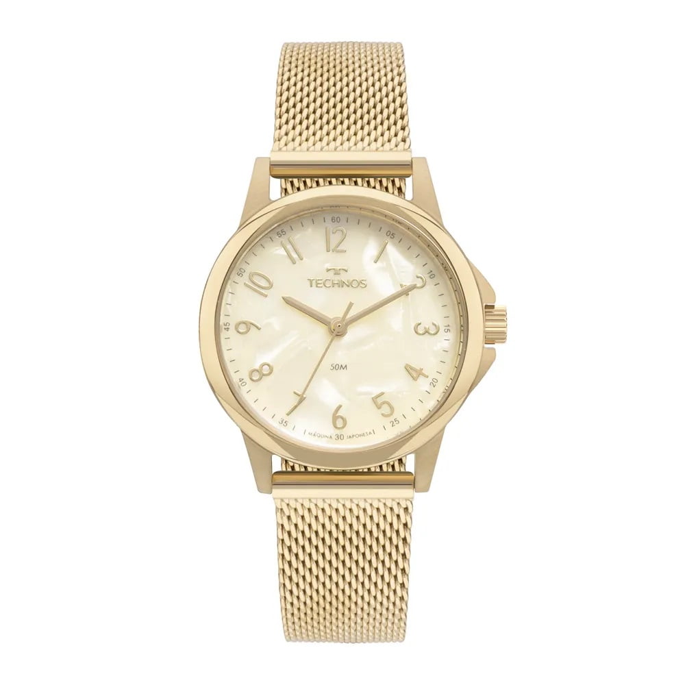 Relógio Technos Elegance Boutique Feminino Dourado Mostrador Champanhe com Aplicação de Madre-Pérola Pulseira Milanesa Aço Inoxidável Á Prova D'água 2035MXG/1X