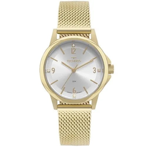 Relógio Technos Elegance Boutique Feminino Dourado Mostrador Prata com Cristais Pulseira Milanesa Aço Inoxidável a prova d'água 2035MVE/1K