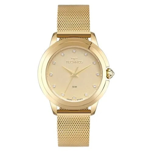 Relógio Technos Fashion Brilho Dourado Feminino Mostrador Champanhe Escovado com Cristais Pulseira Milanesa Aço Inoxidável á Prova D'água 2036MTP/1D