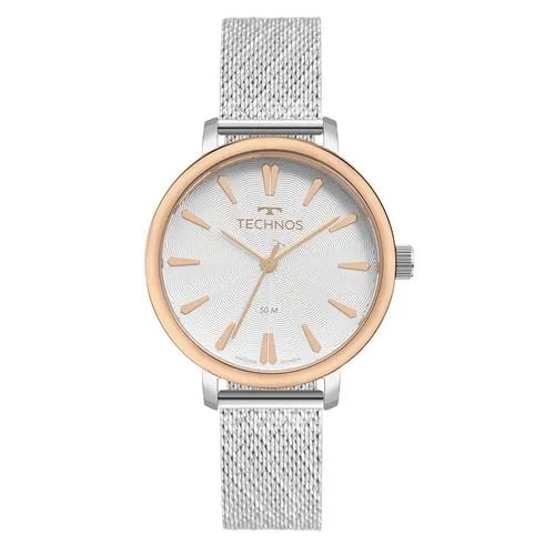 Relógio Technos Fashion Style Bicolor Feminino Mostrador Branco Texturizado Pulseira Milanesa Aço Inoxidável á Prova D'água 2036MSI/1E