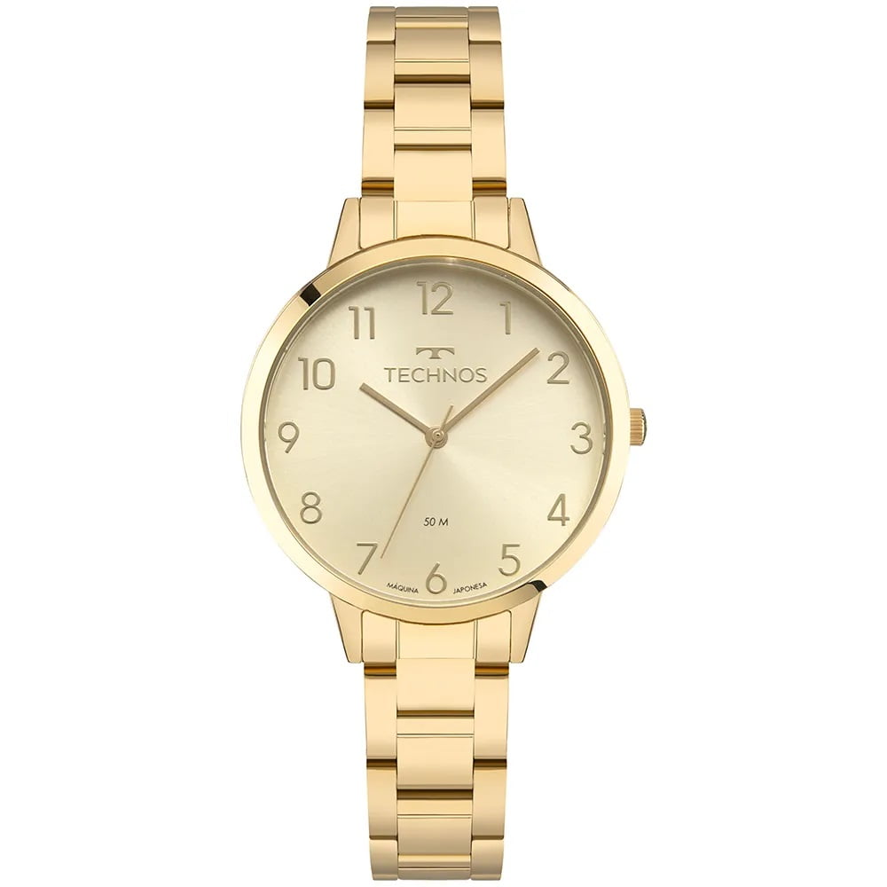 Relógio Technos Feminino Boutique Dourado Visor com Numeração Completa Maquinário Japonês Aço Inoxidável Á Prova D'água 2035NDM/1X