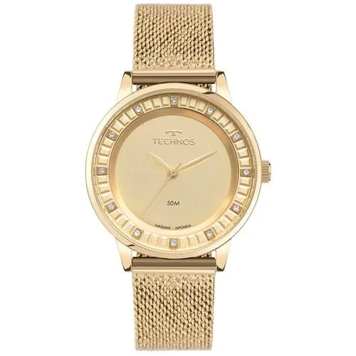 Relógio Technos Feminino Dourado Minimalista Visor Champanhe com Cristais Pulseira Milanesa Maquinário Japonês Aço Inoxidável Á Prova d'água 203MZC/1D  