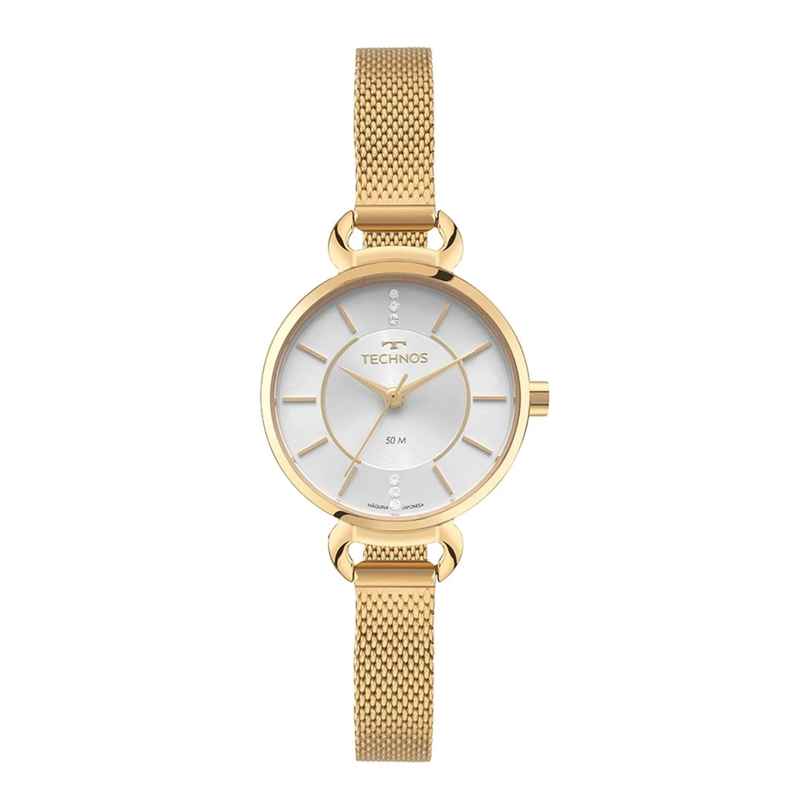 Relógio Technos Feminino Dourado  Minimalista Visor prata com Cristais Pulseira Milanesa Maquinário Japonês Aço Inoxidável Á Prova d'água 2035NBQ/1K