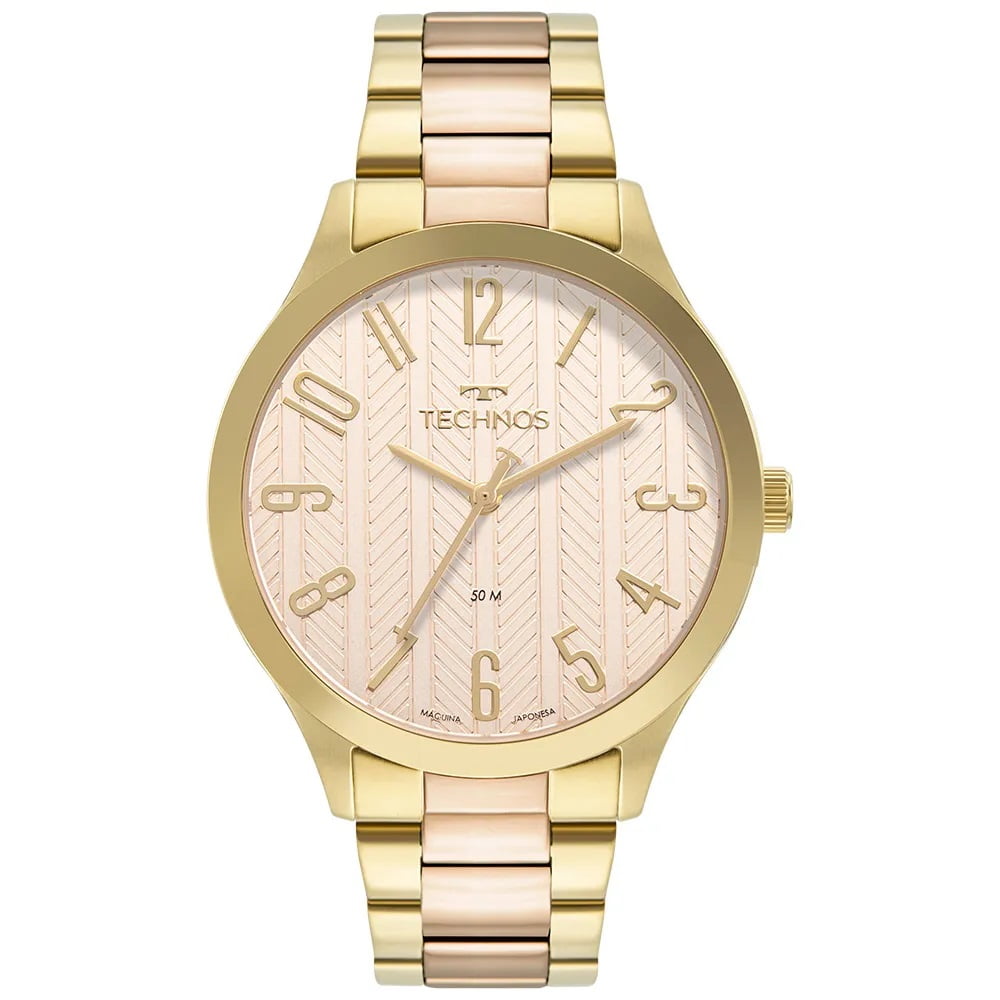 Relógio Technos Feminino Dress Bicolor Dourado com Rosé todo numerado á Prova D'água 2036MSH/1J