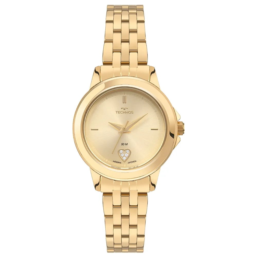 Relógio Technos Feminino Fashion Dourado Mostrador Champanhe com Corações de Cristais Aço Inoxidável á Prova D'água 2035NCX/1X