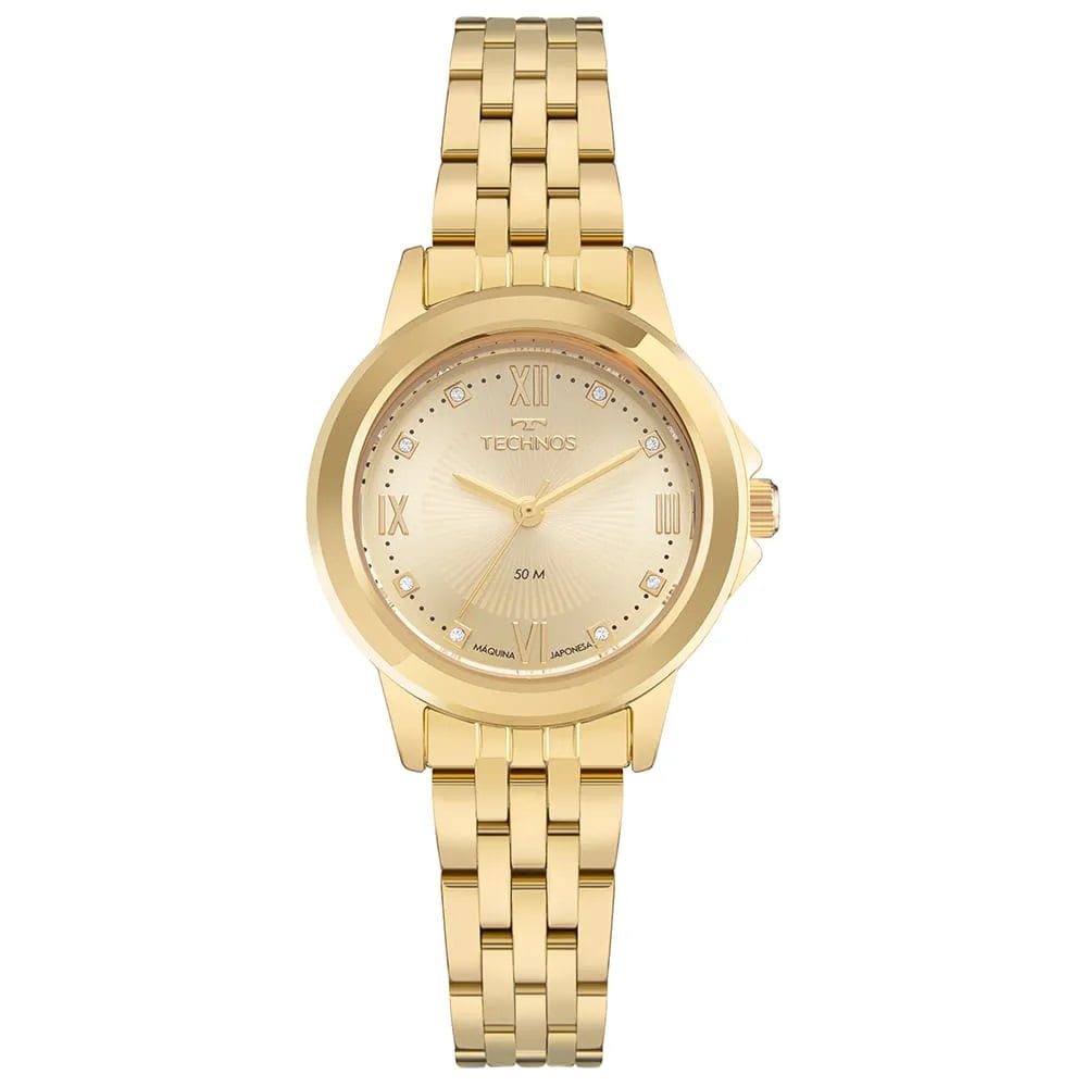 Relógio Technos Feminino Fashion Dourado Mostrador Champanhe com Numeração romana e Cristais Aço Inoxidável á Prova D'água 2036NAZ/1X