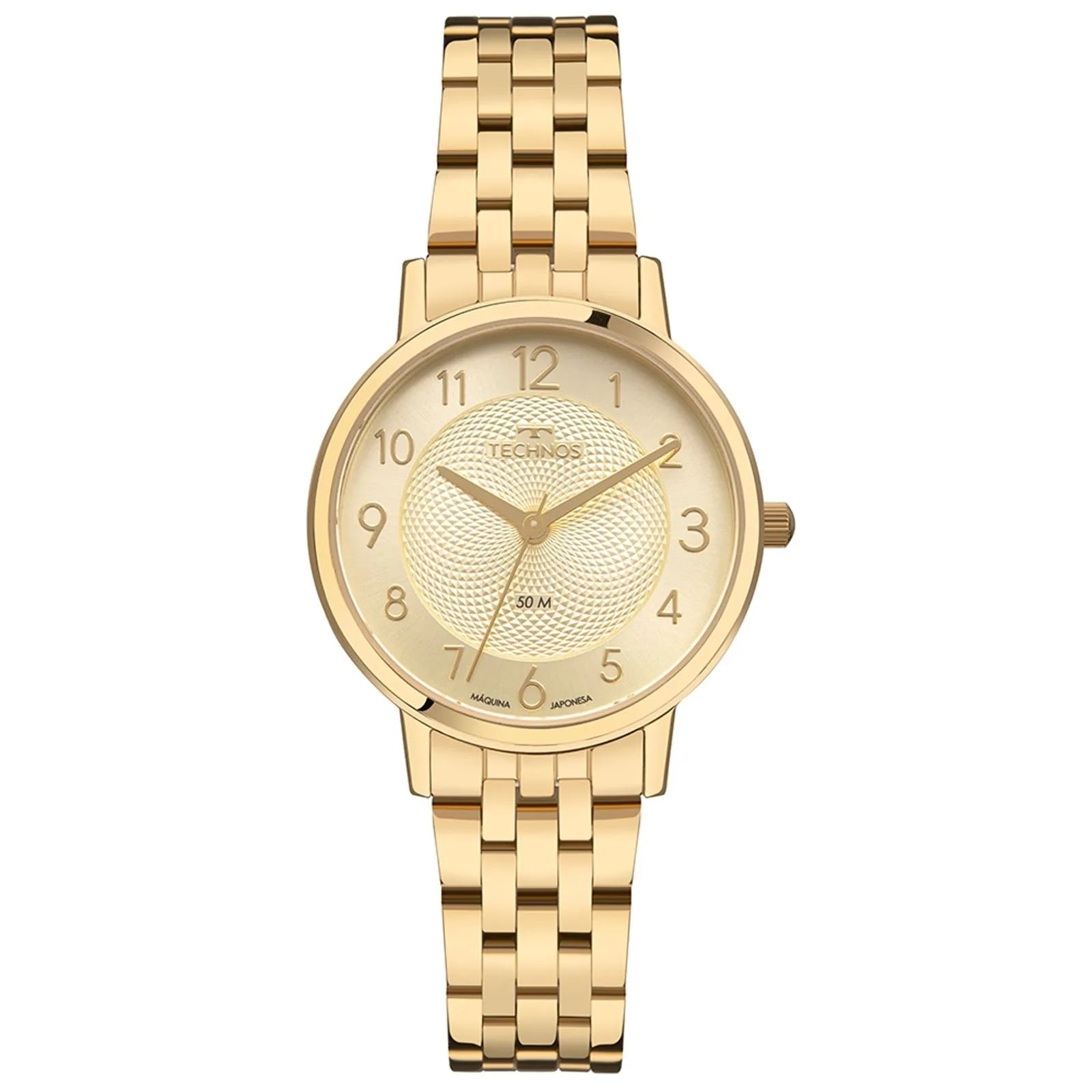 Relógio Technos Feminino Fashion Dourado Mostrador Champanhe Texturizado com Numeração Completa Aço Inoxidável á Prova D'água 2035NEV/1D