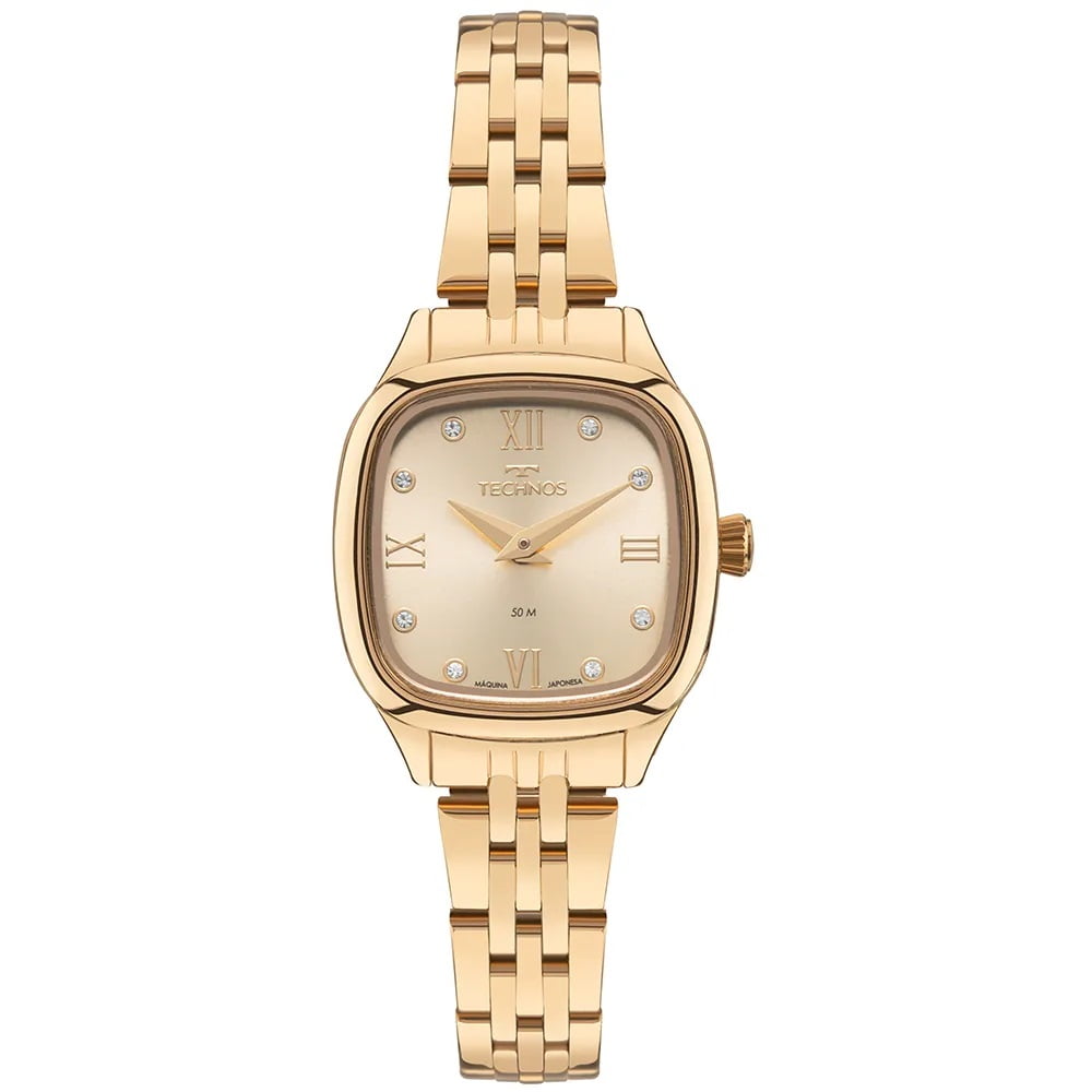 Relógio Technos Feminino Mini Dourado Minimalista Quadrado Visor Champanhe com Cristais Maquinário Japonês Aço Inoxidável 2025LUP/1X
