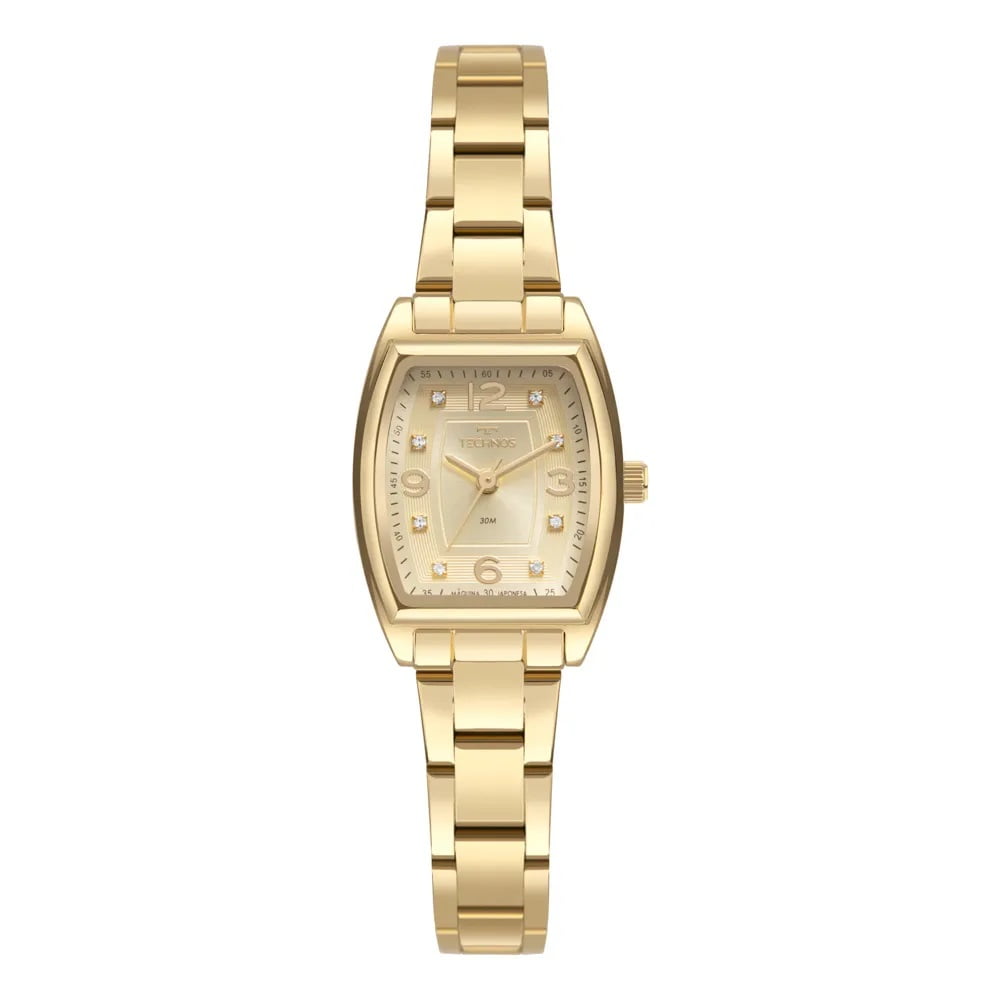 Relógio Technos Feminino Mini Dourado Minimalista Quadrado Visor Champanhe com Cristais Maquinário Japonês Aço Inoxidável 2035MXP/1D