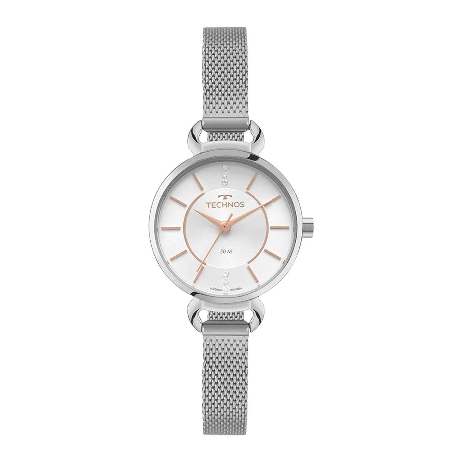 Relógio Technos Feminino Prateado Minimalista Visor Prata com Cristais Pulseira Milanesa Maquinário Japonês Aço Inoxidável Á Prova d'água 2035NBP/1K