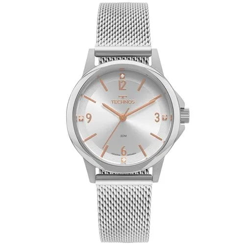 Relógio Technos Feminino Prateado Visor Com Cristais Pulseira Milanesa Maquinário Japonês Aço Inoxidável Á Prova d'água  2035MVD/1K