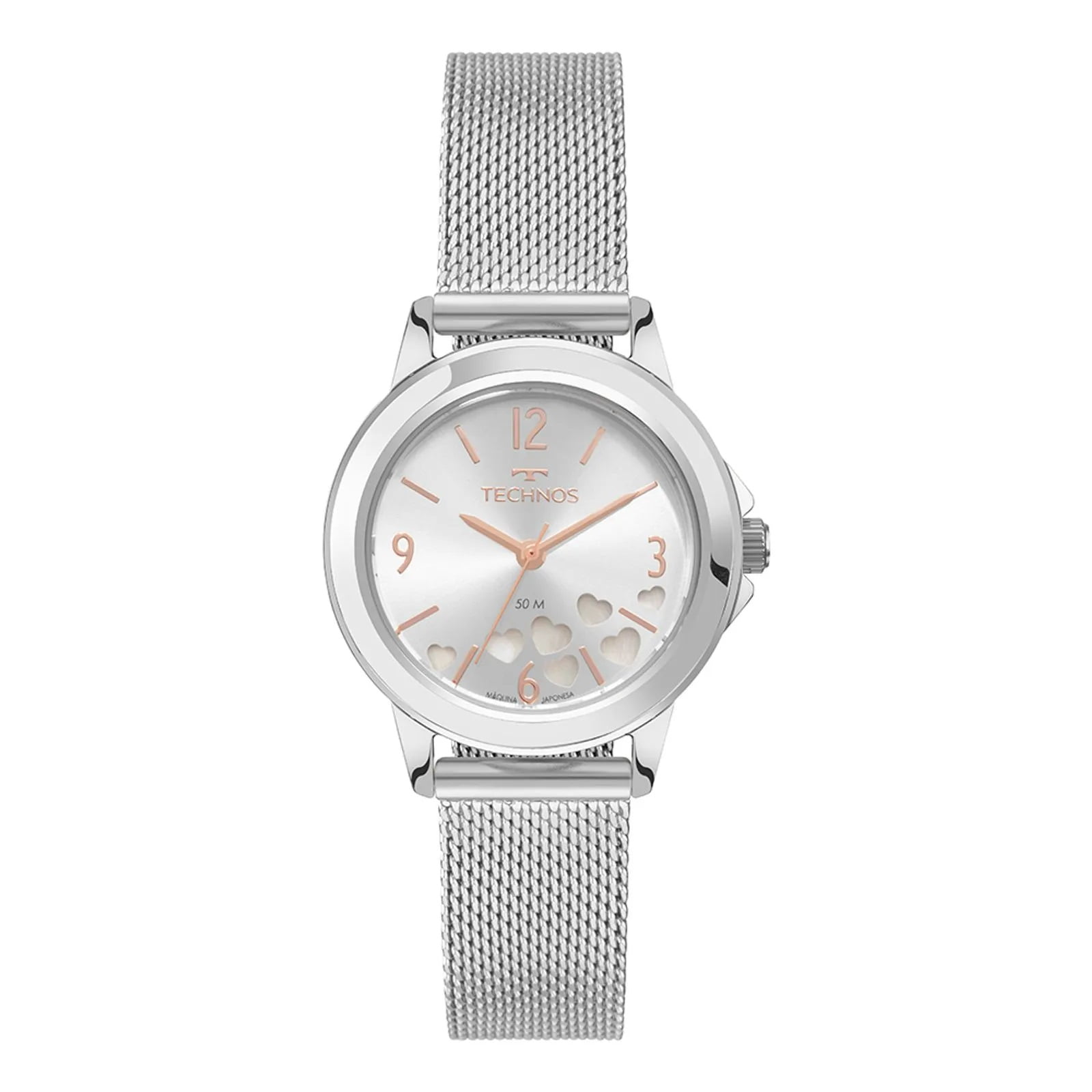 Relógio Technos Prateado Feminino Mostrador Prata com Corações Pulseira Milanesa Aço Inoxidável á Prova D'água 2036NBI/1X