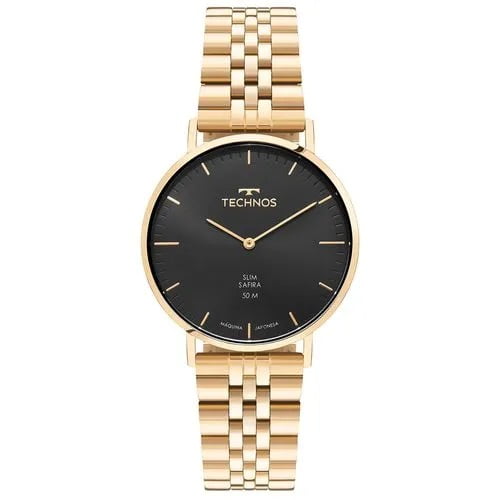Relógio Technos Slim Dourado Minimalista Vidro Safira Visor Preto Maquinário Japonês Aço Inoxidável Á Prova d'água 2025LUI/1P