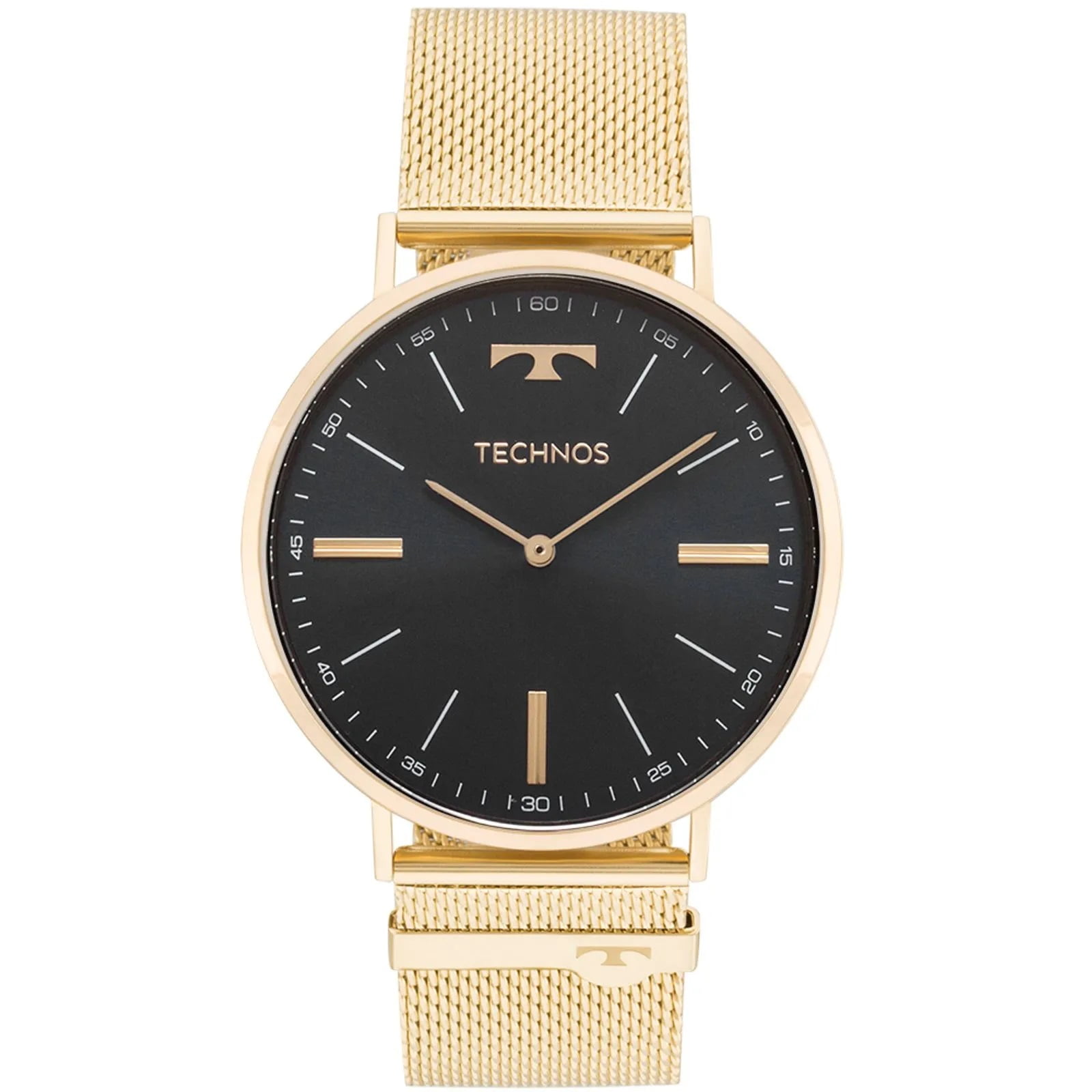 Relógio Technos Slim Dourado Minimalista Visor Preto com Vidro Safira Pulseira Milanesa Maquinário Japonês Aço Inoxidável Á Prova d'água 2025LTJS/4P
