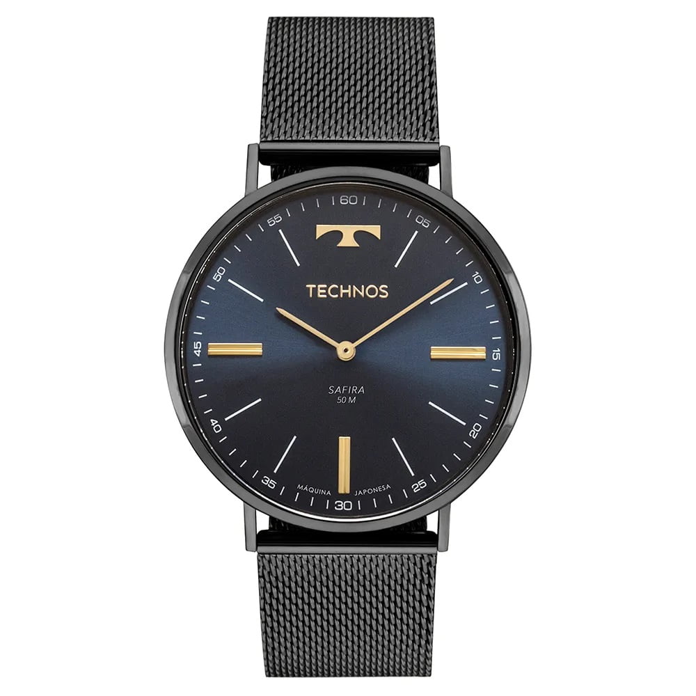 Relógio Technos Slim Grafite Minimalista Vidro Safira Visor Azul Pulseira Milanese Maquinário Japonês Aço Inoxidável Á Prova d'água 2025LUA/1A