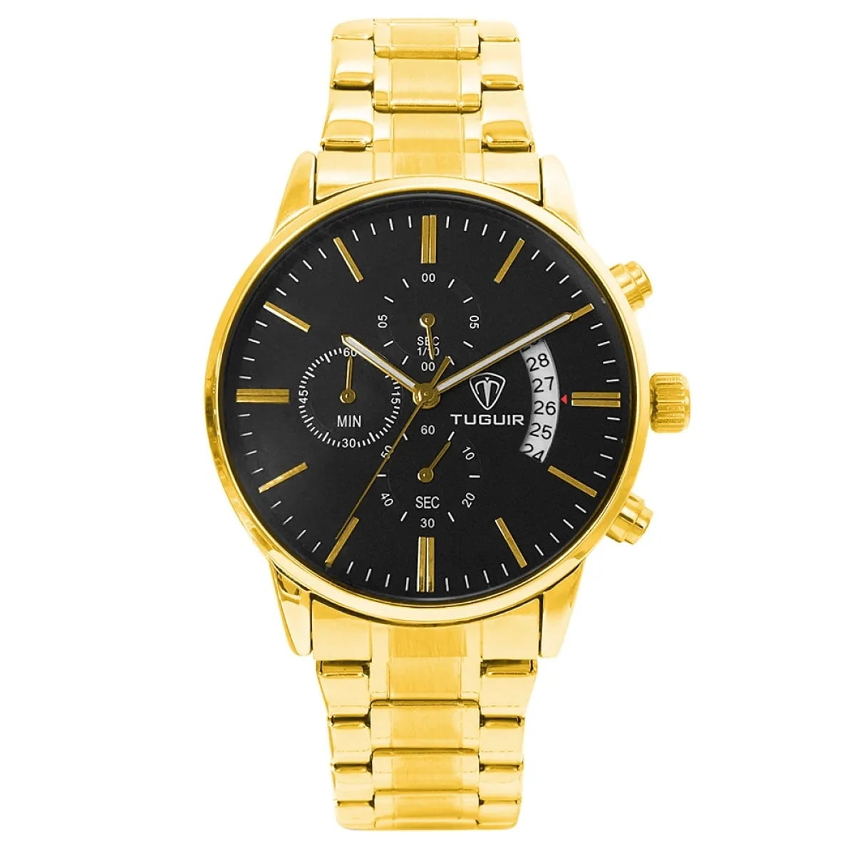 Relógio Tuguir Masculino Dourado Visor Preto com Calendário Cronógrafo TG3150