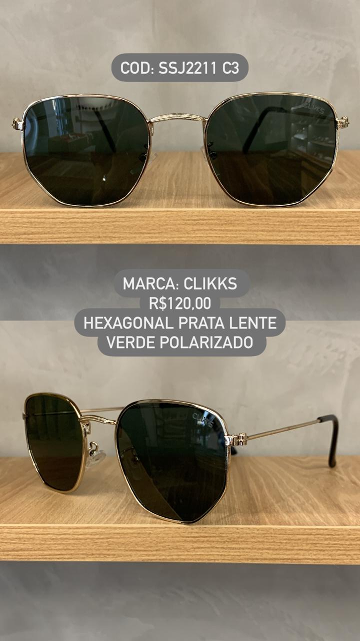 Óculos de Sol Clikks Prateado Hexagonal com Lente Verde Polarizado em Metal SSJ2211 C3