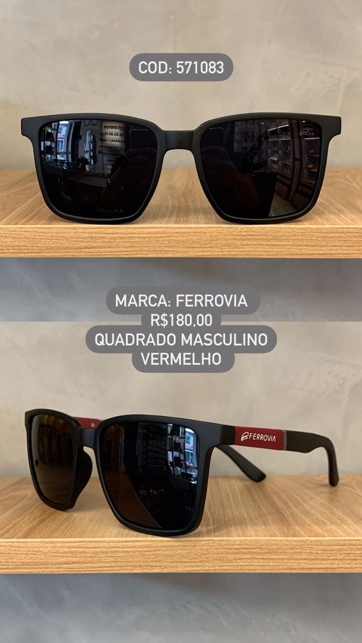 Óculos de Sol Ferrovia Masculino Preto Fosco Quadrado com Lente Preta em Acetato detalhe Vermelho  571083