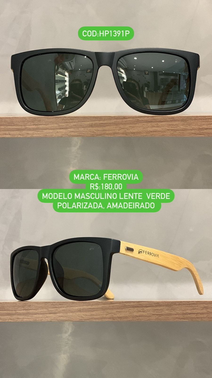 Óculos de Sol Ferrovia Masculino Preto com Perna Amadeiradas em Bambu Quadrado Acetato Lente Verde Polarizado HP1391P C2