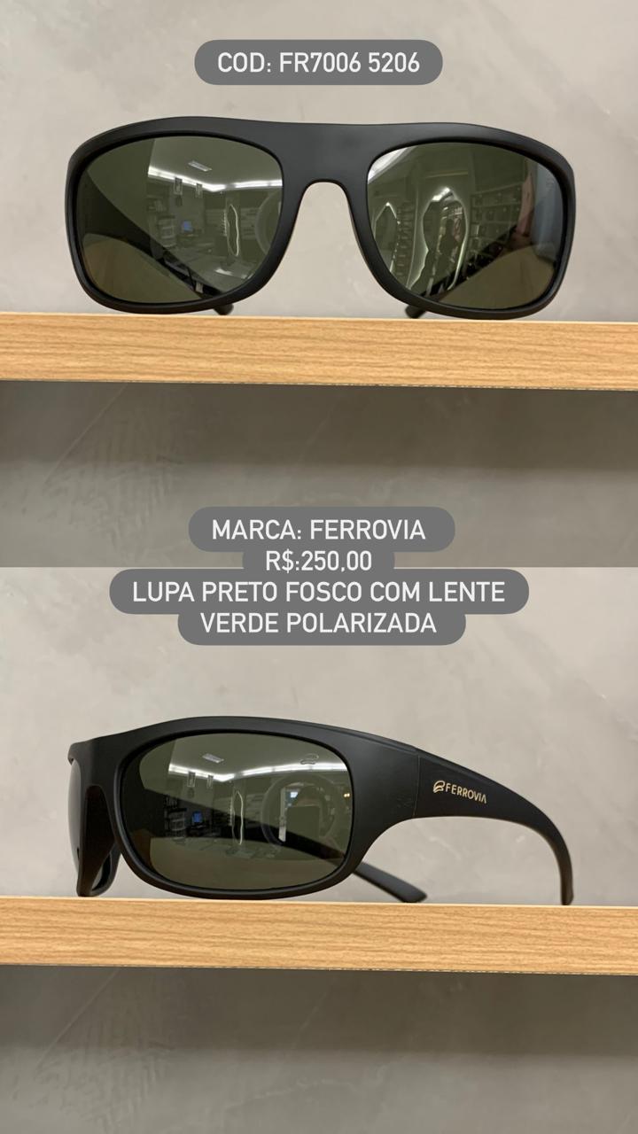 Óculos de Sol Ferrovia Masculino Preto Fosco Lupa Esportivo Flexível Lente Verde Polarizado em Acetato FR7006 5206