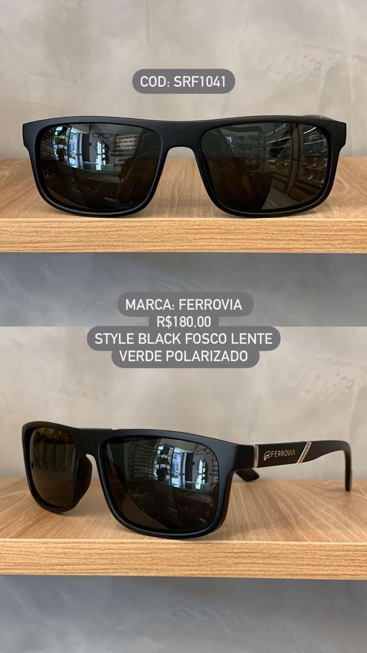 Óculos de Sol Ferrovia Masculino Preto Fosco Quadrado Lente Verde Polarizado em  Acetato SRF1041 C3