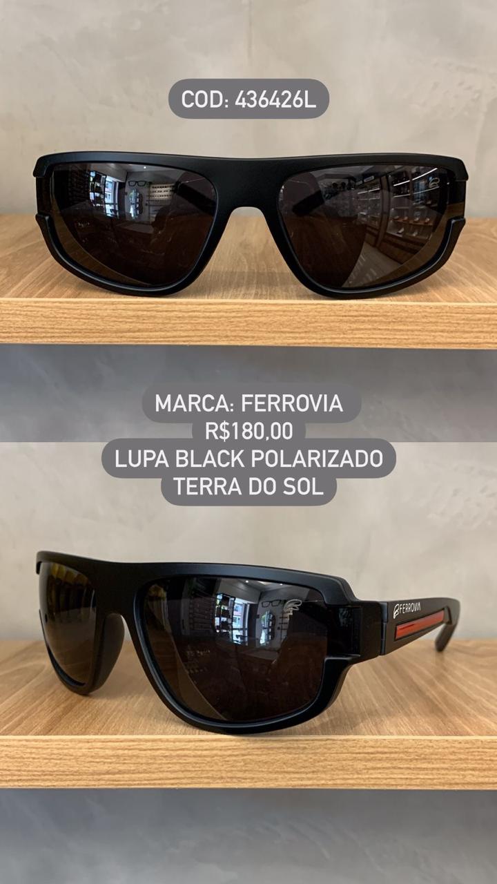 Óculos de Sol Ferrovia Masculino Preto Fosco Estilo Lupa  com Lente Preta Terra do Sol Polarizado em Acetato 436426L