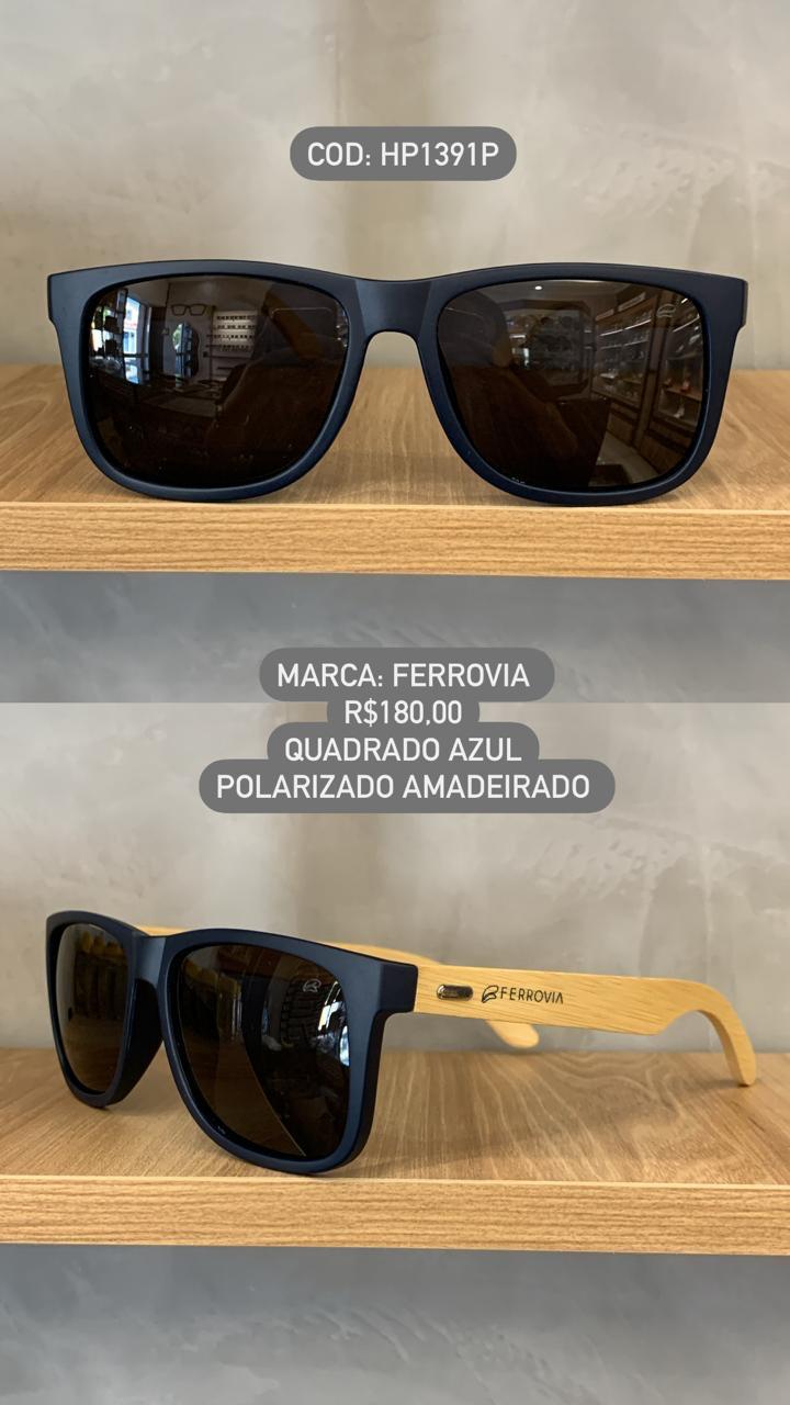 Óculos de Sol Ferrovia Masculino Azul com Perna Amadeirada em Bambu Quadrado Lente Preta Acetato Polarizado HP1391P C6