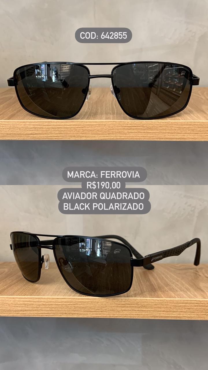 Óculos de Sol Ferrovia Masculino Aviador Quadrado Preto com Lente Preta Polarizado em Metal 642855