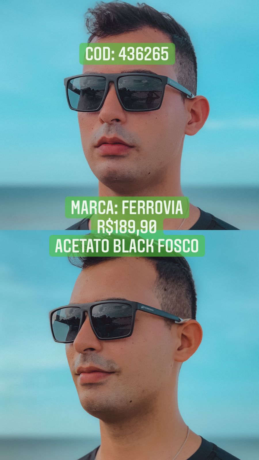 Óculos de Sol Ferrovia Masculino Preto Fosco Acetato 436265