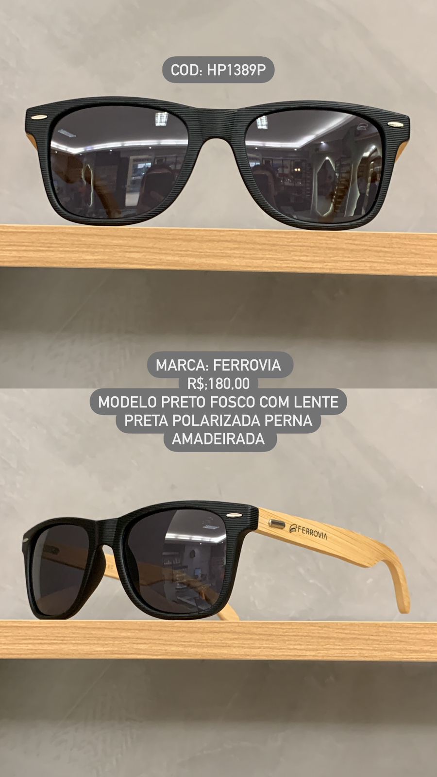 Óculos de Sol Masculino Polarizado Quadrado Amadeirado com Lente Preta Acetato Ferrovia HP1389P