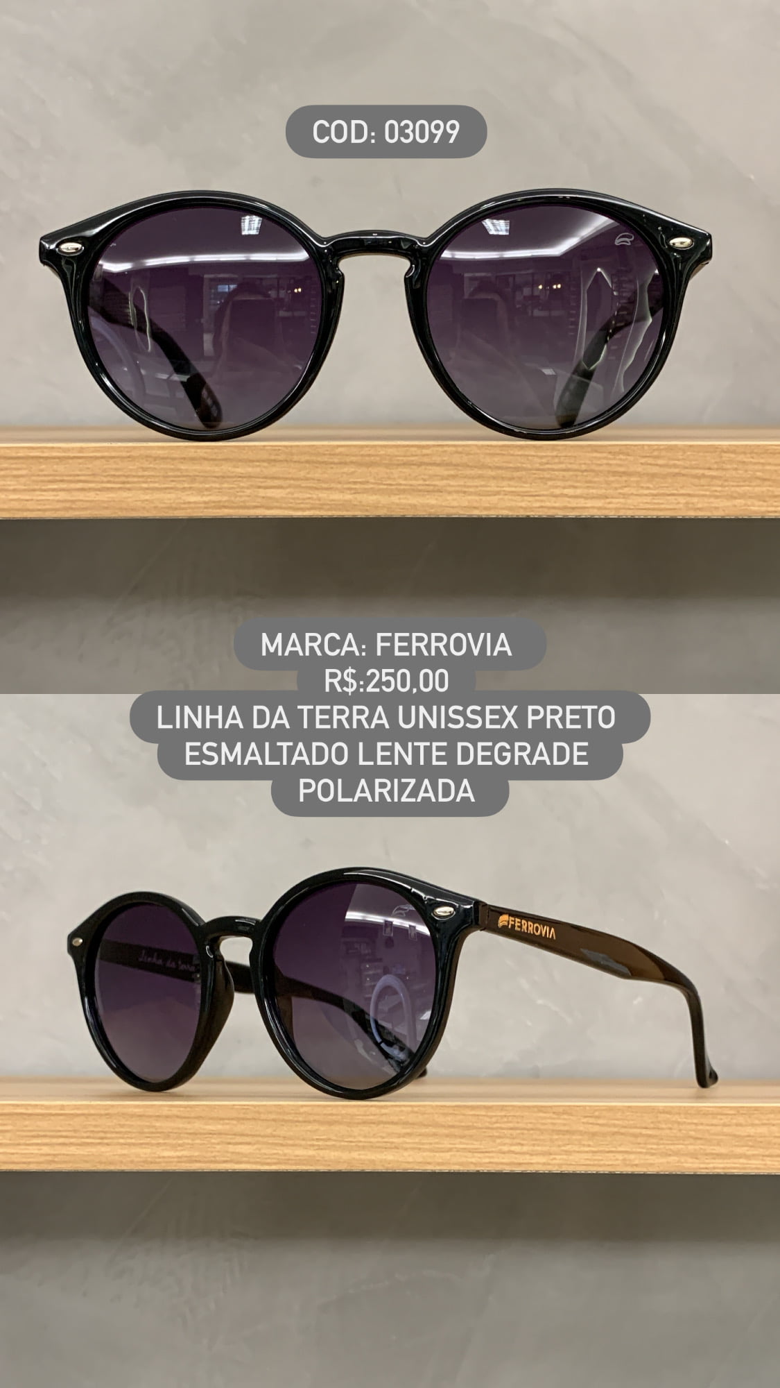 Óculos de Sol Ferrovia Preto Esmaltado Redondo com Lente Degrade Polarizada Linha da Terra Feito a Mão em Acetato 03099