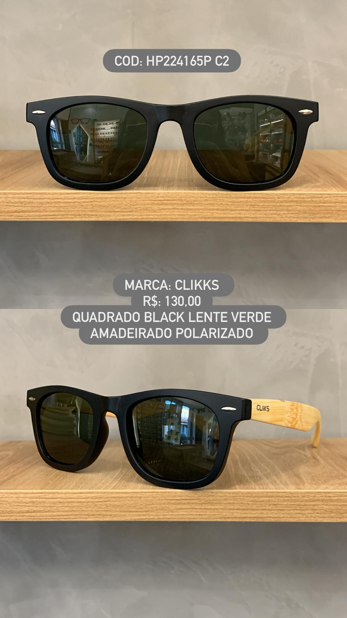 Óculos de Sol Clikks Amadeirado Quadrado Preto Lente Verde Polarizado em Acetato HP224165P C2
