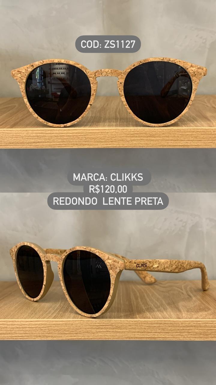 Óculos de Sol Clikks Amadeirado Redondo Lente Preta em Acetato ZS1127