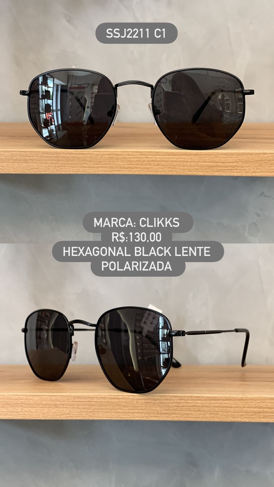 Óculos de Sol Clikks Preto Hexagonal com Lente Preta Polarizada em Metal SSJ2211 C1