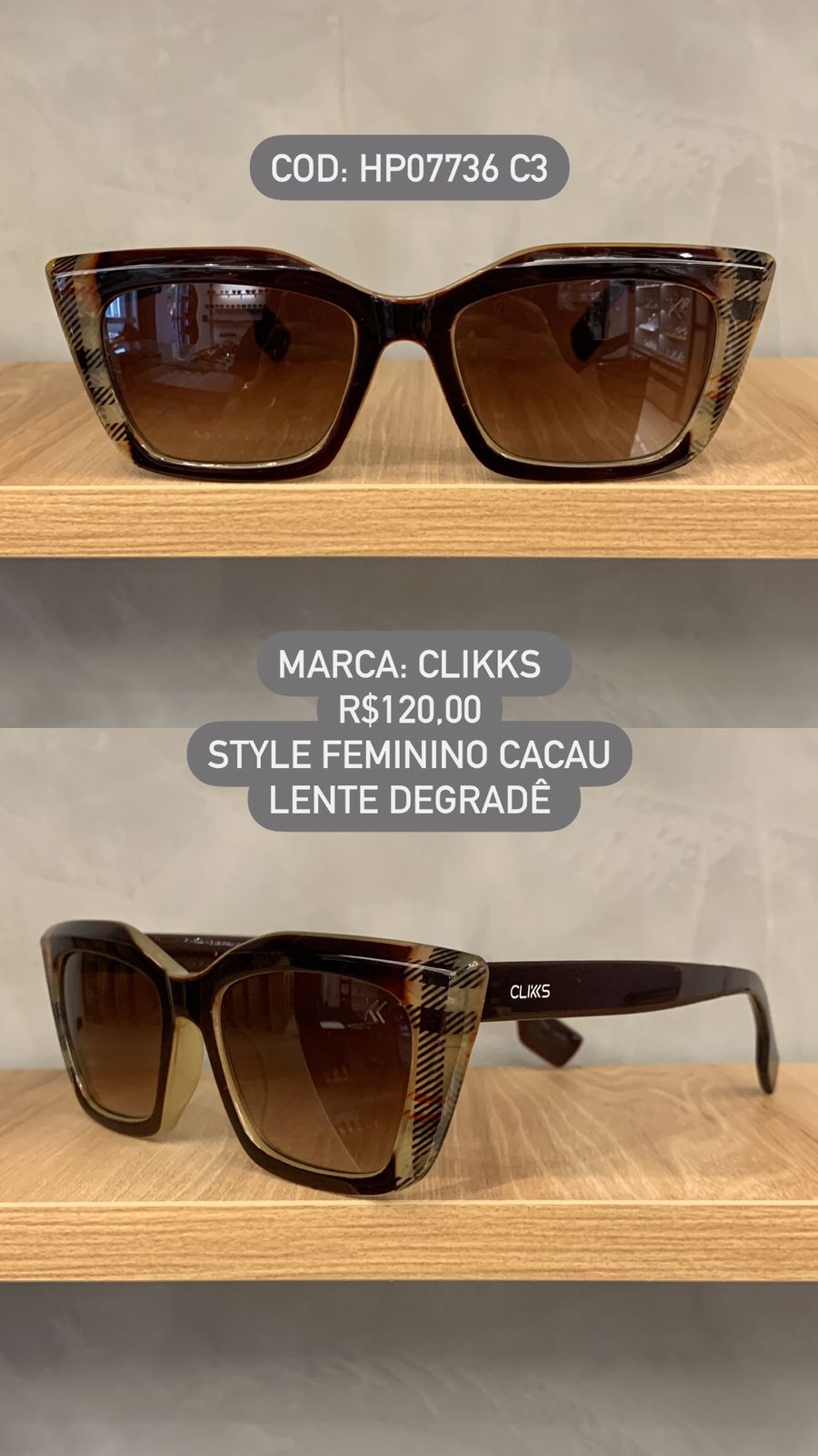 Óculos de Sol Clikks Feminino Cacau Esmaltado Style com Lente Degrade em Acetato HP07736 C3