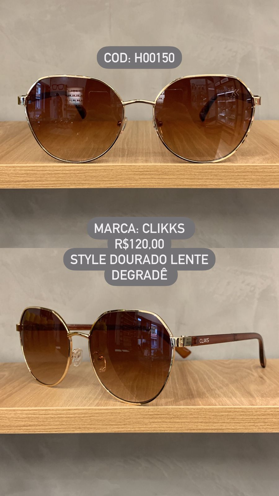 Óculos de Sol Clikks Feminino Dourado Style com Lente Degrade em Metal H00150