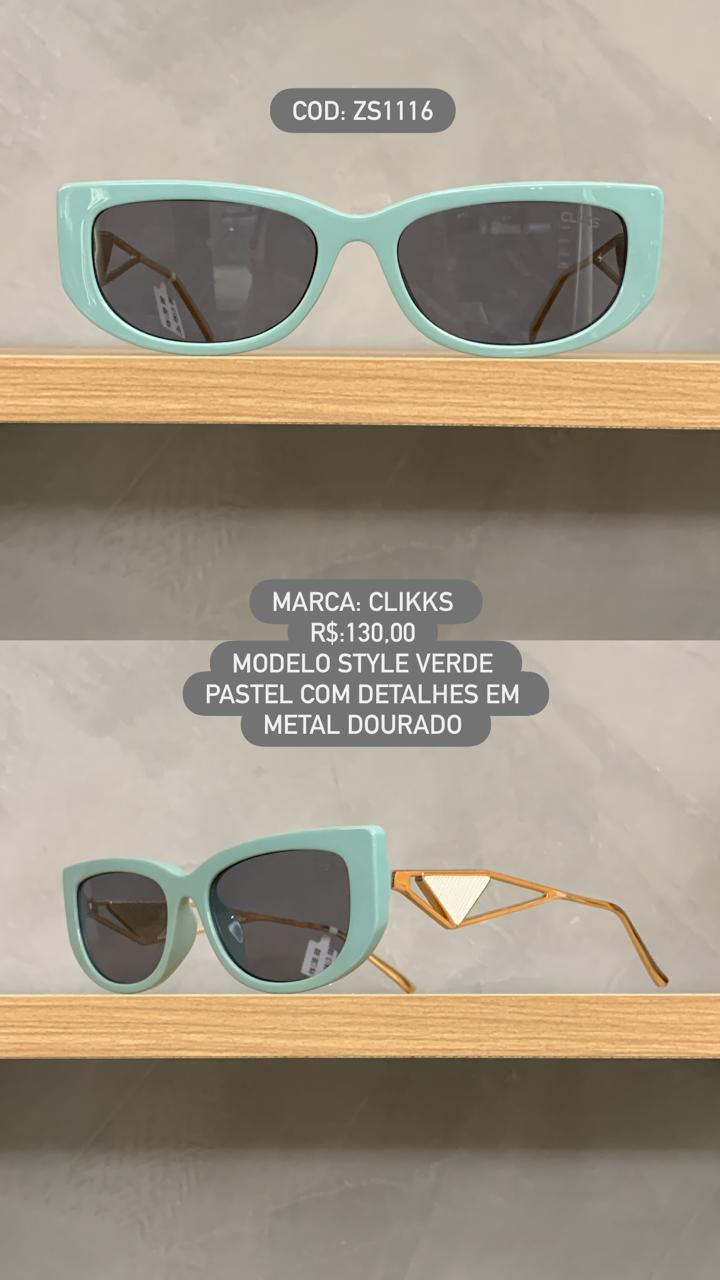 Óculos de Sol Clikks Feminino Verde Pastel Style com Lente Preta Acetato e Perna em Metal ZS1116